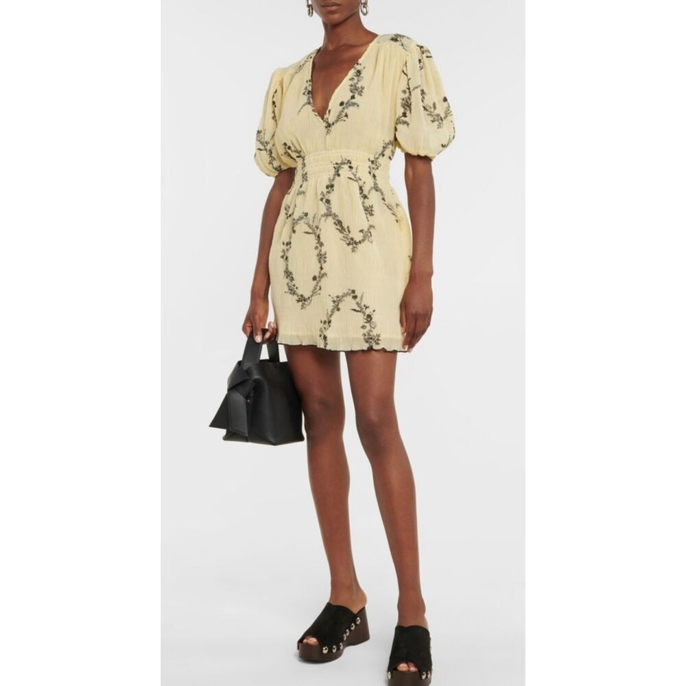 Ganni Pale Yellow Floral-Print Puff-Sleeve Mini Dress